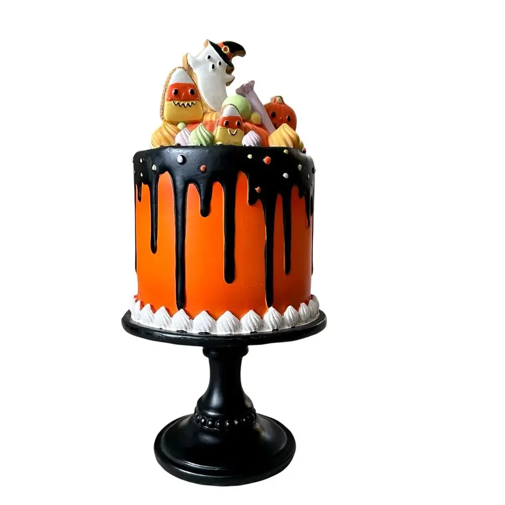 Ghoulish Halloween Candy Corn Ghost Cake Decor 13in Resin Black & Orange NEW